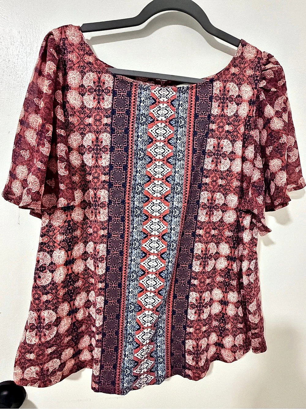 Lucky Brand Print Mix Swing Top Blouse Red & Blue XL